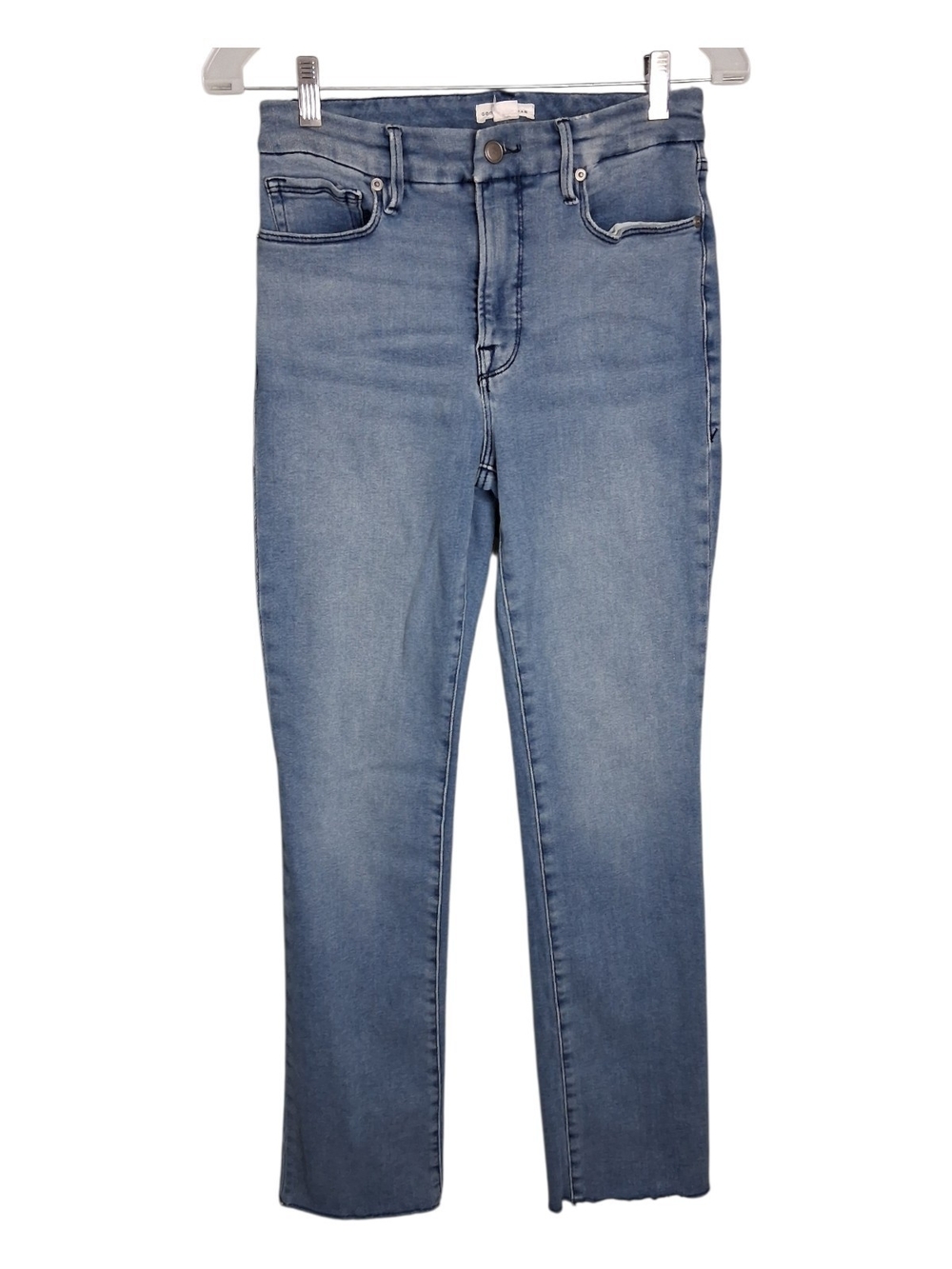 Good American Good Legs Straight Jeans 4 27 Blue High Rise Raw Hem Stretch Denim